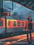 A stylized illustration shows a person waving to a colorful train. The dynamic scene captures the energy of an urban