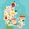 Stylized map of Denmark. Cartoon map with travel illustration. Famous landmarks, buildings, food and plants. Funny tourist