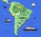 Stylized map of South America with indigenous animals and nature symbols. Simple geographical map. Flat vector