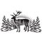 Stylized monochrome vector illustration with deer and forest