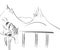 stylized Mountain riding school with horse and mountains, black, lines.
