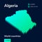 Stylized neon digital isometric striped vector Algeria map with 3d effect.