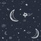 Stylized night sky seamless pattern with moon shining stars, planets, Dark hand drawn background. doodle sketch. Wrapping paper