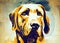 Stylized oil painting of portrait of a yellow labrador dog.