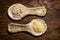 Stylized, old clay rural spoons. Ceramic spoons with oat meal an