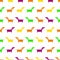 Stylized orange, violet, yellow, green dog seamless pattern on white background