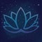 Stylized outline lotus flower logo in shades of blue and purple framed on starry night sky galactic space background Hand drawn fa