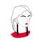 Stylized outline portrait of elegant fashionable young lady. Drawing of stylish woman with red lips, trendy tassel