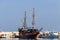 Stylized pirate yacht in marina harbor in Kemer, Turkey