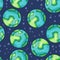 Stylized planets Earth abstract seamless space pattern background. Solar system planets children wallpaper texture tile. Vector