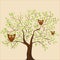 Stylized plants and many vector owls, festive coffee and leaves pattern on beige background