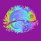 Stylized Rainbow Colors Doodle Chameleon Hand Drawn on violet..