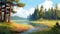 Stylized Realism: Meadow Sketch Of Pine Trees Along Water