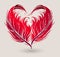 Stylized red heart shape made by bird feather silhouette