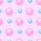 Stylized seamless aqua pattern with pearl shapes. Pink and blue pastel colored circles on light yellow background