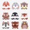 Stylized set of cute forest animals. Fox, hare, hedgehog, boar, mole, squirrel, wolf, bear and owl are sitting on white background