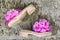 Stylized shoes made of ancient clogs soles and peony blossoms