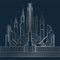 Stylized silver art deco illustration of the city on dark blue background