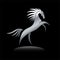 Stylized silver horse image on black background. Equine silhouette standing on its hind legs