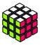 Stylized solved cube with white green and pink surfaces