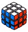 Stylized solved puzzle cube with blue red and white faces