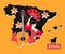 Stylized Spain map with flamenco dancer girl, fan and guitar