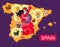 Stylized spain map with flamenco dancer girl, guitar, black bull, mill, football, pieces of lemon and toreador silhouette