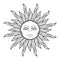 Stylized sun with face hand drawn in black ink outline, traditional ethnic Slavic symbol for Shrovetide or Maslenitsa