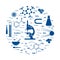 Stylized vector icon of variety scientific, education elements: microscope, flask, formula, pestle and other