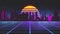 Stylized vintage 3D animation background with modern city, sun and glowing stars. 80s retro futuristic sci-fi seamless