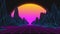 Stylized vintage 3D animation background with mountains, sun and glowing stars. 80s retro futuristic sci-fi seamless