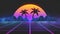 Stylized vintage 3D animation background with mountains, sun, palm trees and glowing stars. 80s retro futuristic sci-fi
