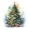 Stylized watercolor Christmas tree, beautifully decorated. Generative AI