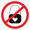 Stylized womens handbag in gray hues under a red prohibition sign in cartoon style. Isolate. Sticker