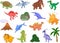 Styracosaurus, spinosaurus, ichthyosaur, tyrannosaur, pterodactyl, triceratops, pliosaur, stegosaurus, mammoth, volcano and palm