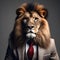 A suave lion in a tailored suit, posing for a portrait with a regal and commanding presence1