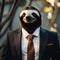 A suave sloth dressed in a sleek black suit and tie, hanging from a tree branch1