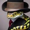 A suave snake in a tailored suit and tie, posing for a portrait with a fedora perched on its head1