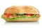 Sub deli sandwich baguette with salmon fish side view isolated