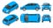 Subcompact blue hatchback car. Compact Hybrid Vehicle. Eco-friendly hi-tech auto. Easy color change. Template isolated