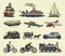 Submarine, boat and car, motorbike, Horse-drawn carriage. Airship or dirigible, air balloon, airplanes corncob