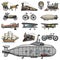 Submarine, boat and car, motorbike, Horse-drawn carriage. airship or dirigible, air balloon, airplanes corncob