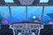 Submarine cockpit. Underwater marine cabin inside cartoon interior, ship boat control dashboard with radar technology