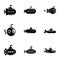 Submarine cruiser icons set, simple style