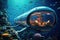 Submarine Floating Over Coral Reef, Underwater Exploration and Marine Life Encounter, The submarine of the future will be