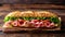 Submarine sandwich with ham or jamon, cheese, lettuce, tomatoes, onion, mortadella, and sausage on a rustic wooden table, a savory