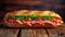 Submarine sandwich with ham or jamon, cheese, lettuce, tomatoes, onion, mortadella, and sausage on a rustic wooden table, a savory