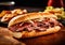 Submarine sandwich with red roast beef on wooden table.Macro.AI Generative