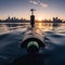 Submarine Surfaces at Dawn with City Skyline