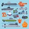 Submarine vector sea pigboat or marine sailboat underwater and ship transport in deep ocean illustration nautical set of